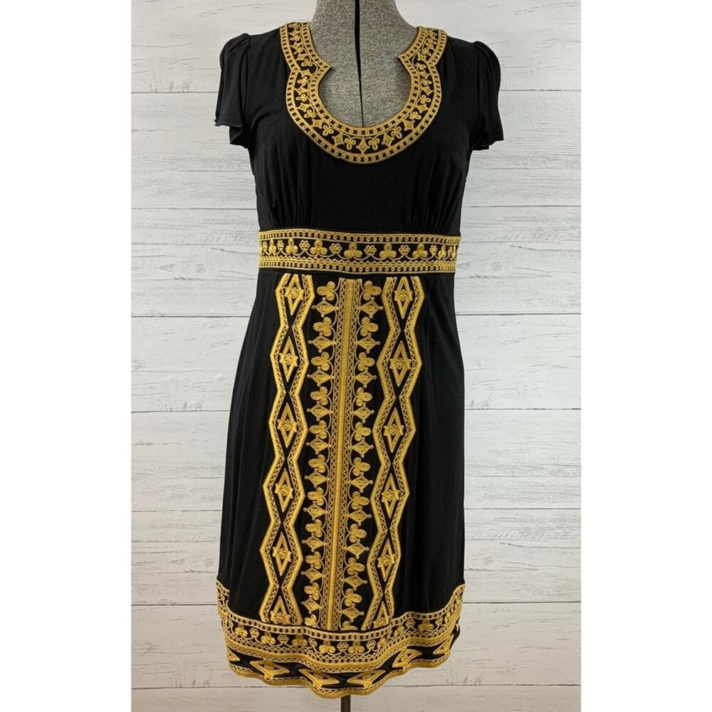 INC International Concepts Petite Black & Gold Brocade Trim Dress, PS